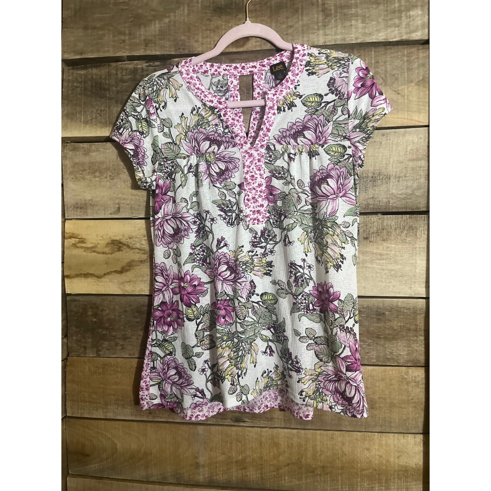 Lee Floral V Neck Keyhole Tunic Top‎ Blouse Shirt Womens Small White Pink Green